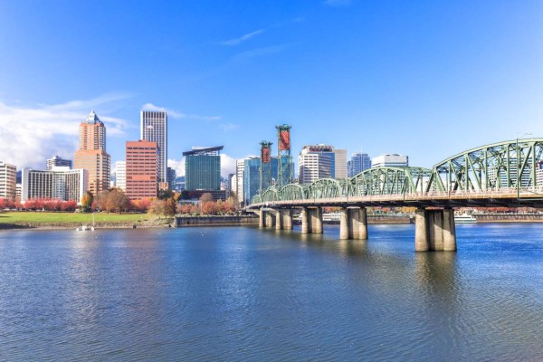 steel bridge over water with cityscape and skyline in portland