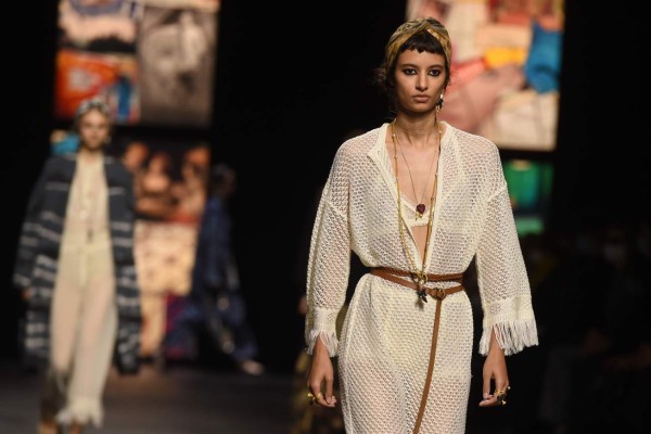 A model presents a creation by Dior during the Paris Fashion Week's Women Spring Summer 2021 ready-to-wear fashion show in Paris, on September 29, 2020. (Photo by Lucas BARIOULET / AFP)