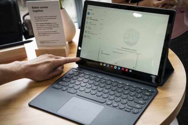 NEW YORK, NY - OCTOBER 9: The new Pixel Slate tablet is displayed during a Google product release event, October 9, 2018 in New York City. The phones will go on sale on October 18 for a base starting retail price of $799 for the Pixel 3 and $899 for the Pixel 3 XL. Google also released a new tablet called the Pixel Slate and the Google Home Hub. Drew Angerer/Getty Images/AFP