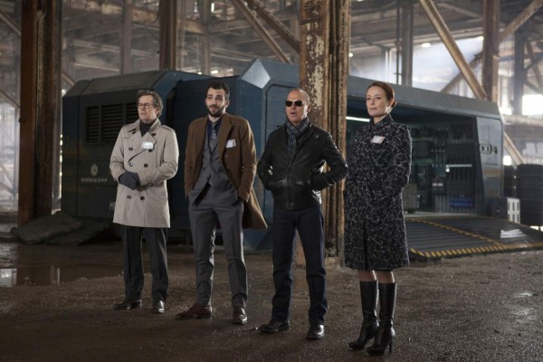 UNDATED -- BC-HOLLYWOOD-WATCH-MICHAEL-KEATON-ART-NYTSF -– In this summer's revamp of 'Robocop,' Michael Keaton (right center) joined a diverse cast that included (from left) Gary Oldman, Jay Baruchel and Jennifer Ehle. This picture accompanies an article by Cindy Pearlman. (CREDIT: Photo by Kerry Hayes. Copyright 2014 Columbia Pictures.)