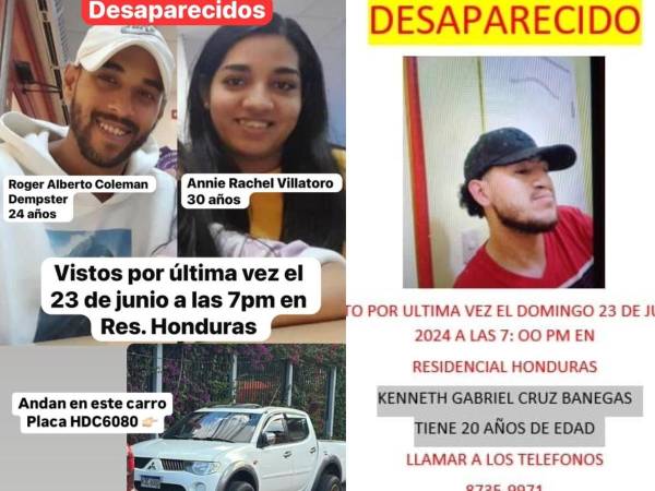 Fotos de Roger Alberto Coleman, Annie Villatoro y Kenneth Gabriel Cruz, tres de los cinco jóvenes desaparecidos.