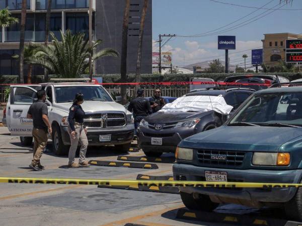 Integrantes de la Policía de México custodian la zona de un crimen este sábado, en Tijuana (México).
