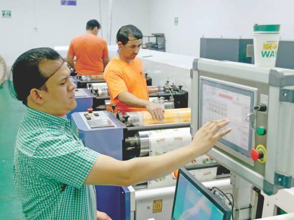 Técnicos manipulan maquinaria de punta para la producción de vasos para exportación.