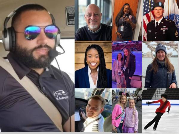 El piloto del vuelo 5342 de American Airlines fue identificado como Jonathan Campos, de 34 años. Era originario de Puerto Rico. A la derecha de él, otra 11 de las 67 víctimas del accidente aéreo de Washington.