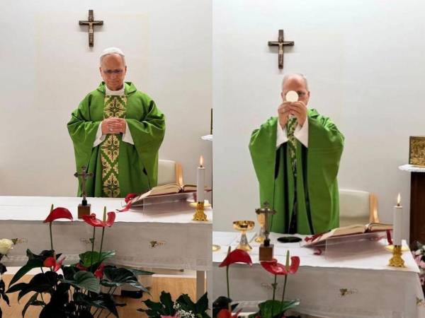 En las fotos se observa a León XIV oficiando misa en el Gemelli.