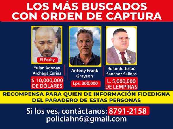 Tres de los más buscados por la Policía Nacional de Honduras.