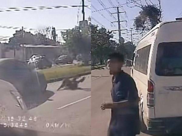 Una cámara de seguridad registró el impactante momento en el que un ayudante de rapidito de la ruta que cubre de Villanueva hacia San Pedro Sula fue atropellado por un vehículo cuando se disponía a abordar a varios pasajeros a la orilla de la carretera.