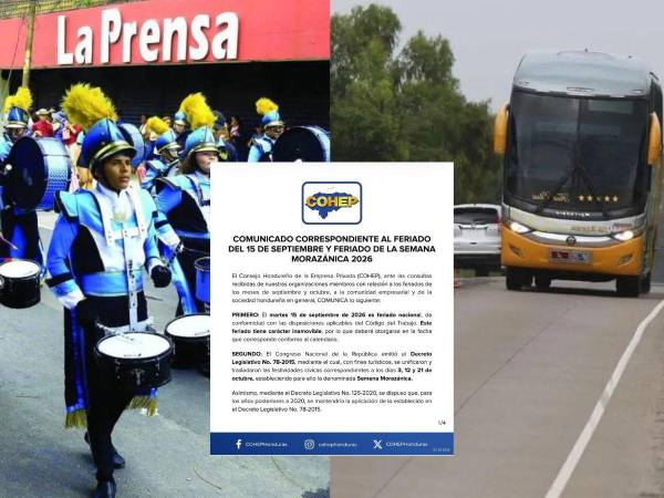 El Consejo Hondureño de la Empresa Privada (Cohep) confirmó este lunes las fechas de los próximos feriados que deberán tomar en cuenta trabajadores y empresas durante septiembre y octubre de 2026, entre ellos el 15 de septiembre y la Semana Morazánica.