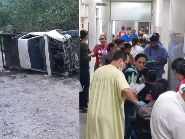 Vista del vehículo en accidente y heridos siendo atendidos en hospital de Santa Bárbara.