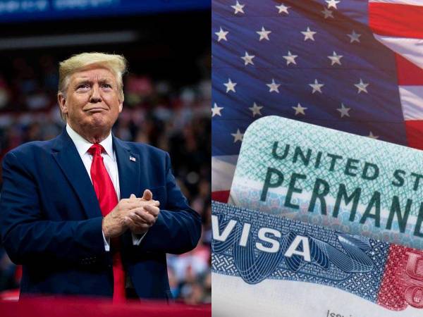 El expresidente y precandidato republicano Donald Trump y una Green Card estadounidense.