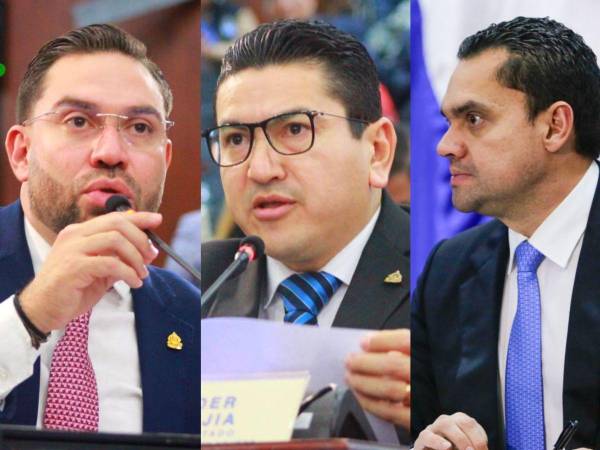 El diputado Jorge Cálix, del Partido Liberal; el diputado Eder Leonel Mejía, del Partido Nacional; y Tomás Zambrano, presidente del Congreso Nacional.