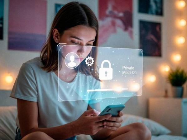 Una joven navega en internet con su teléfono móvil.