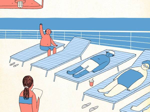 Ilustración de un grupo de turistas en un crucero.
