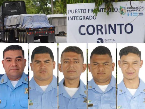 El subcomisionado Lester Josué Amador Herrera y los agentes Leonel Alejandro Valdez Núñez, Dailin Francisco Elvir Quintanilla, Nels Makley Eguigure Benavides y Emerson Josué Canales Fúnez, los cinco policías abatidos en Corinto, Omoa.