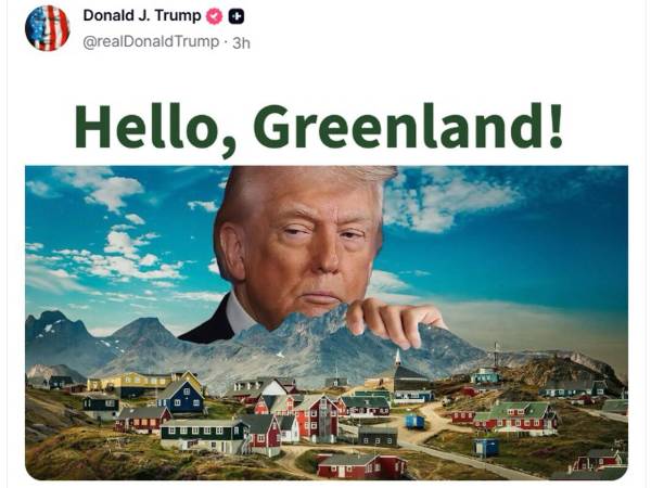 Imagen difundida en la cuenta en la red Truth Social del presidente Donald Trump, donde volvió este sábado a mostrar su interés en Groenlandia al compartir un mensaje con una fotografía suya sobre la isla con la frase, Hello, Greenland.