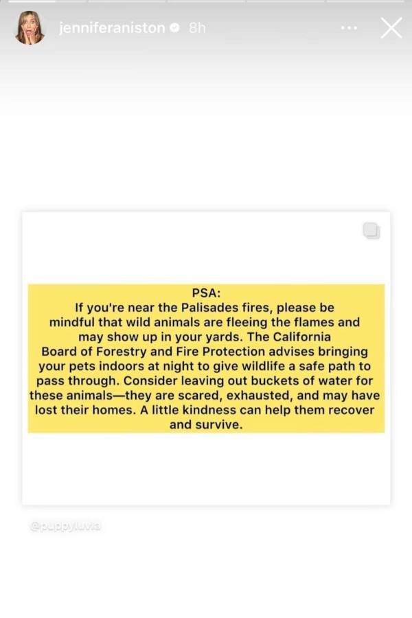 Jennifer Aniston pide solidaridad con los animales afectados por incendios