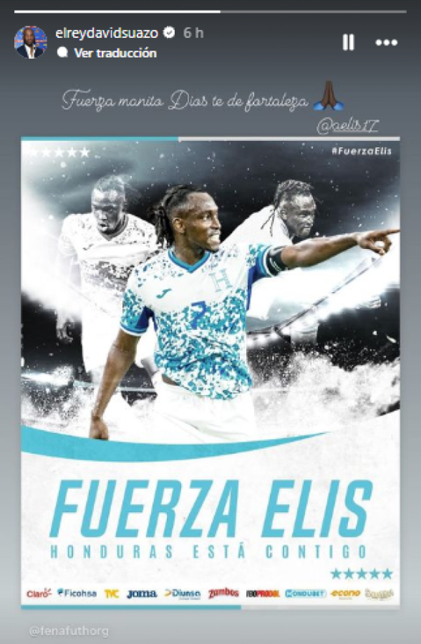 David Suazo compartió la publicación de la Fenafuth para solidarizarse con Elis: “Fuerza, manito. Dios te dé la fortaleza”.