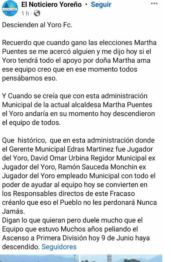 Uno de los mensajes donde lamentan el adiós del Yoro FC.