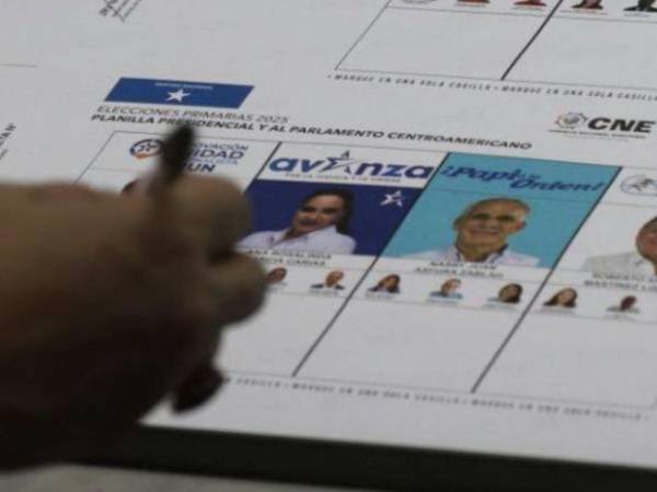 Papeleta electoral demostrativa de los precandidatos presidenciales por el Partido Nacional, Partido Libertad y Refundación y el Partido Liberal