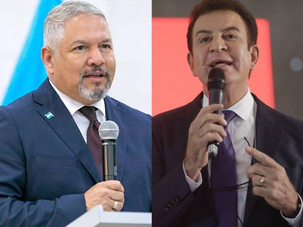 El canciller Enrique Reina (izq) y el virtual candidato presidencial del Partido Liberal, Salvador Nasralla (der).