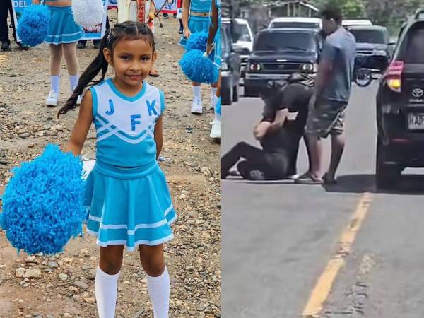 Foto en vida de la niña Katia Sofía Soriano. A la derecha, su madre llora desconsolada.