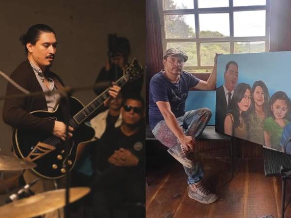 En la primera fotografía, Santos Valladares durante una participación musical. En la segunda, Obed Banegas con uno de sus cuadros realizados.