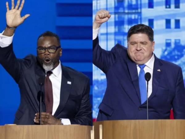 Alcalde de Chicago, Brandon Johnson y el gobernador de Illinois, J. B. Pritzker, políticos del Partido Demócrata.