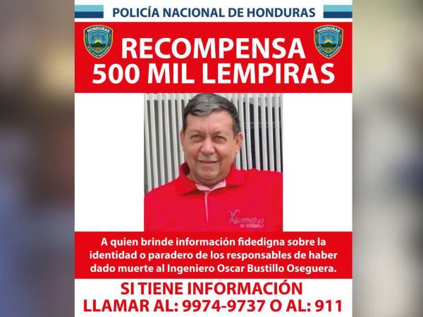 El anuncio de la Policía Nacional que describe la recompensa por información relacionada con el asesinato de Óscar Bustillo.