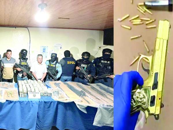 Los capturados y una de las pistola bañada en oro.