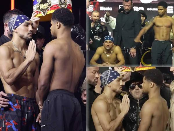 Teófimo López y Shakur Stevenson estuvieron cara a cara en el pesaje oficial de la pelea en Nueva York.