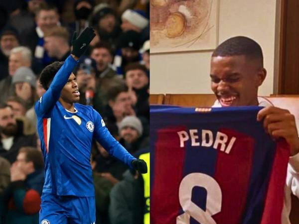 Estevão jugando para el Chelsea y con la camiseta de Pedri del Barcelona.