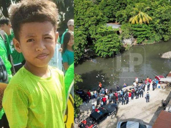 Fotografía en vida de Elvis Bautista y el lugar donde buscan su cuerpo tras ser arrastrado por la fuerte corriente de la quebrada La Primavera en San Pedro Sula.