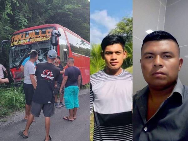 El autobús involucrado en la colisión. En vida, Yainer López y Adonay Fiallos.