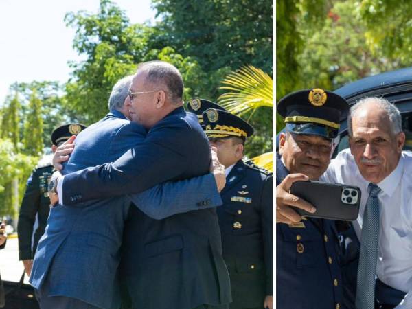 El presidente Nasry Asfura se da un fuerte abrazo con el ministro de Seguridad, Gerson Velásquez a su llegada a La Paz. Uno de los oficiales aprovechó su arribo para guardar una selfie del recuerdo con el mandatario.