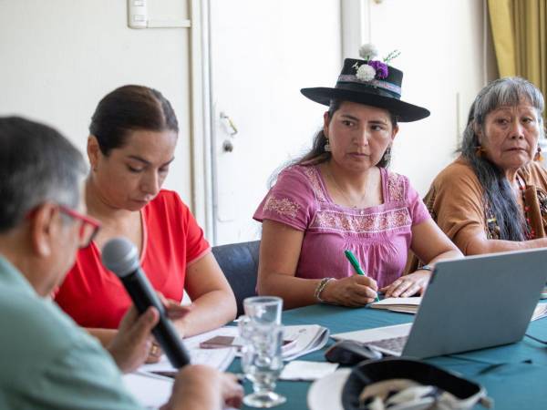 La secretaria ejecutiva de la Coordinadora Nacional de Derechos Humanos (CNDDHH), Tania Pariona, habla en una rueda de prensa junto a la directora de Flora Tristán, Liz Meléndez y Teresita Antazú.