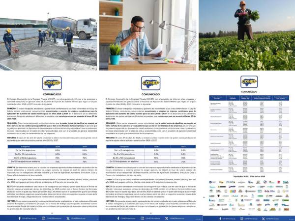 El aumento al salario mínimo oscilará entre L575 y L1,447 en 2026-2027. Vea el cuadro oficial compartido por el Cohep con los porcentajes convertidos en números nominales, es decir, de porcentajes a lempiras. Ingrese a la nota para que pueda ver las tablas ampliadas.