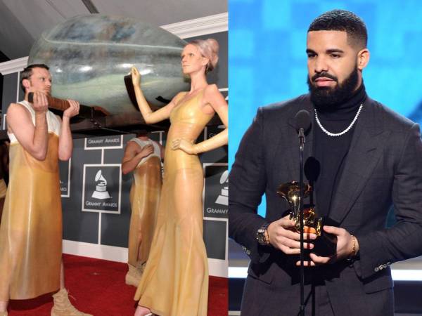 Lady Gaga iba dentro del huevo cargado por sus escoltas / Drake al momento de pasar al escenario por su Grammy.