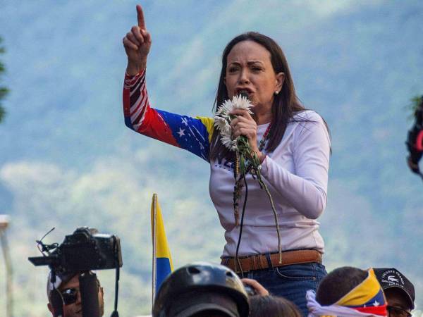 María Corina Machado durante un acto de protesta en Venezuela.