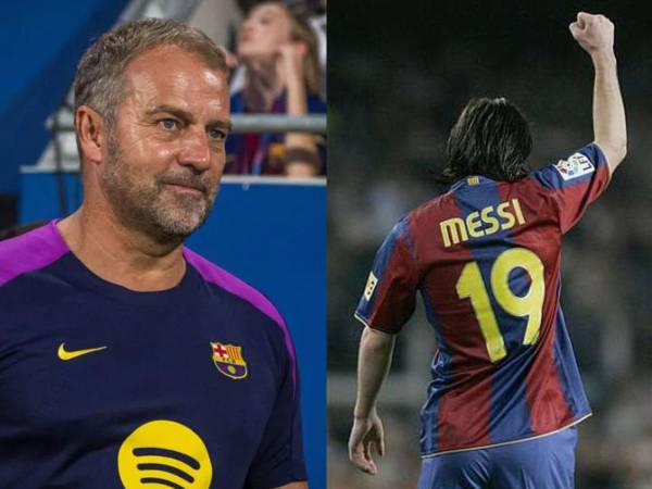 Hansi Flick, entrenador del Barcelona, y Lionel Messi cuando jugaba en el club y usaba el dorsal 19.