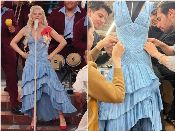 El vestido drapeado en azul celeste de Lady Gaga fue diseñado por el dominicano Raúl López.
