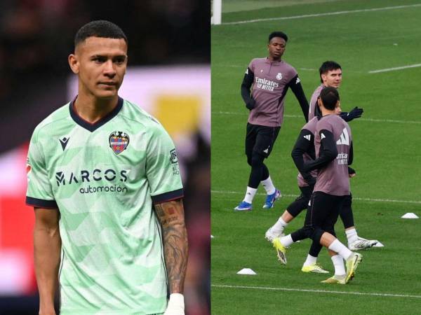 Kervin Arriaga, jugador del Levante, y jugadores del Real Madrid entrenando.