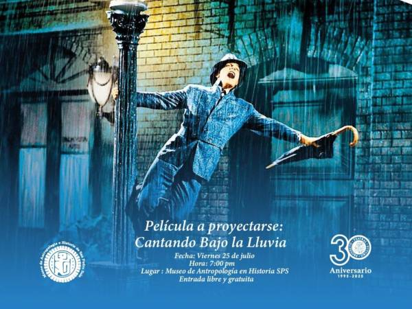 Arte de la obra audiovisual histórica que se expondrá en el Museo de Antropología e Historia de San Pedro Sula, Cantando bajo la lluvia, con la colaboración de Proyecto Teatral Futuro.