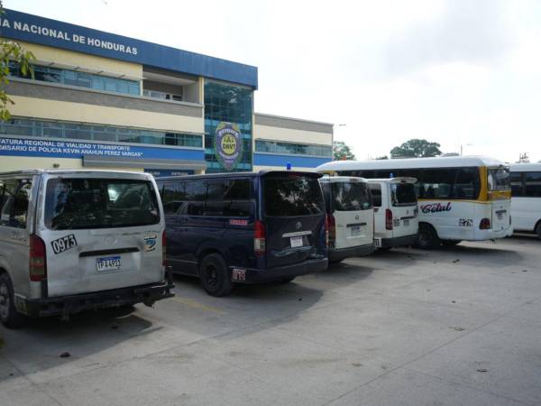 Agentes de la DNVT resguardan las unidades de transporte decomisadas en San Pedro Sula.