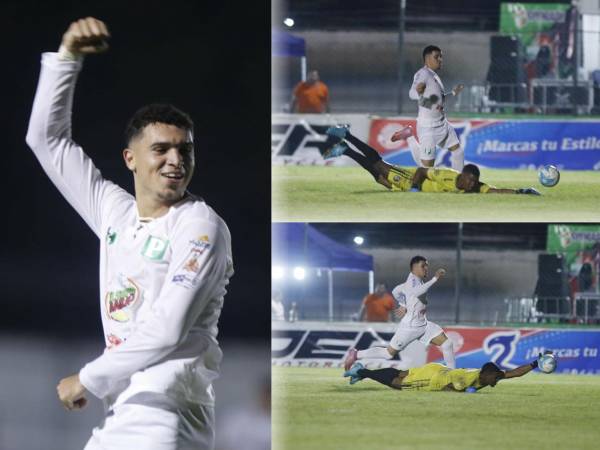 El portero del Choloma, Jeison Truque, se equivocó y le regaló un gol a Erick Puerto, goleador del Platense.