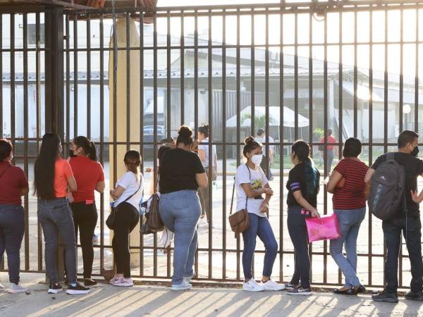 Un grupo de personas buscan empleo en San Pedro Sula con su hoja de vida en mano.