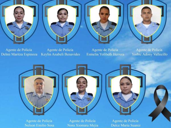 Fotografía de los rostros de los siete policías fallecidos en el accidente.