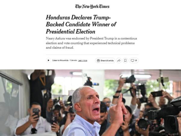 El <i>New York Times</i> reporta que Nasry Asfura fue proclamado presidente tras un conteo de más de tres semanas, afectado por problemas técnicos, acusaciones de fraude y la intervención directa de Donald Trump, cuyo respaldo habría alterado el rumbo de una contienda extremadamente cerrada.