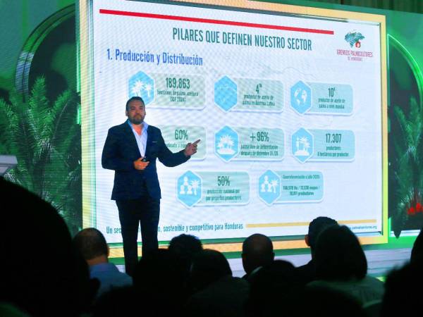 Allan Maradiaga, director de Gremios Palmicultores, presenta avances del sector durante el segundo Congreso de Palmicultores.