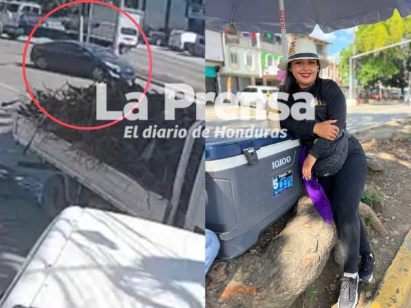 A la izquierda, el carro que se subió a la mediana tras perder el control luego de dar un giro a la izquierda, y que por poco arrolla a Nayrovis Orellana (derecha) y a otra jovencita que le ayuda a vender jugos en la avenida Juan Pablo Segundo.