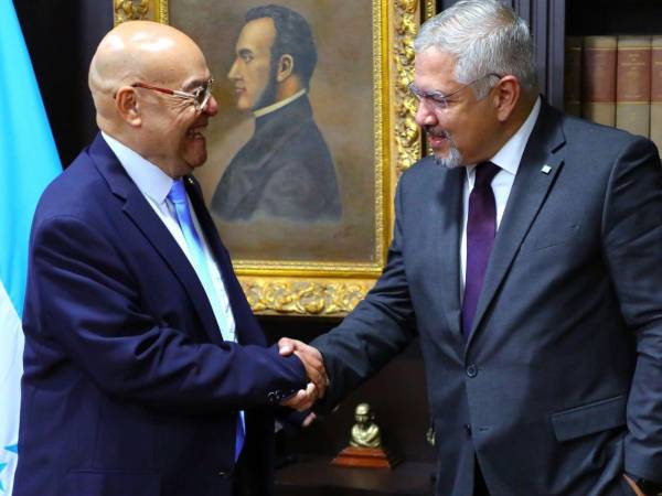 El canciller Enrique Reina (der) saluda a Roberto Martínez (izq), nuevo embajador de Honduras en Rusia.